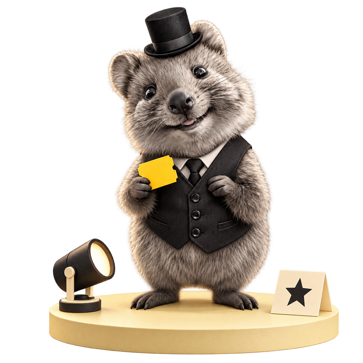 Grendesign’s top-hat quokka presenting on a miniature campaign stage