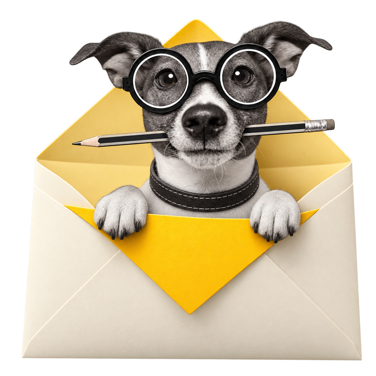 Grendesign’s pencil dog peeking from a sculptural yellow envelope