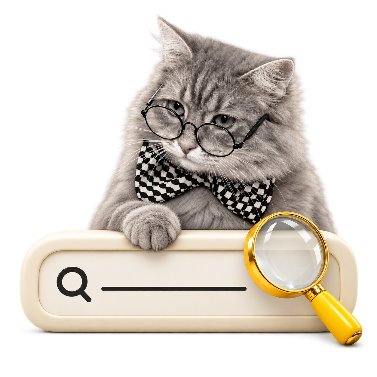 Grendesign’s wise cat investigating a search window with a magnifying glass