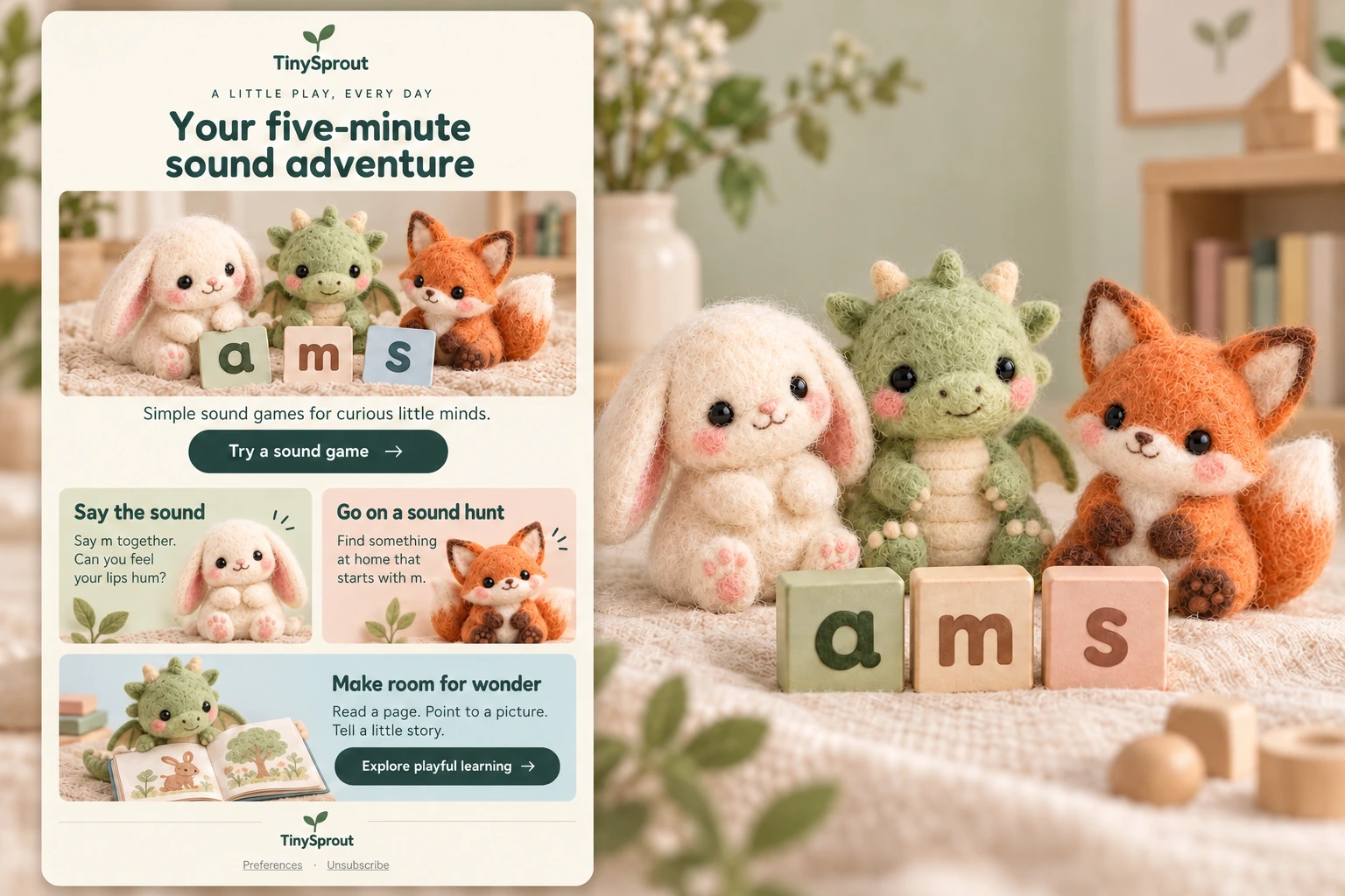 TinySprout welcome email with learning activities