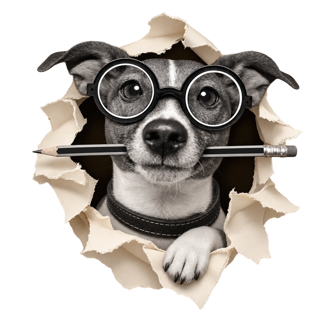 Grendesign’s wise dog with glasses and pencil peeking through curled cream paper, one paw resting over the edge