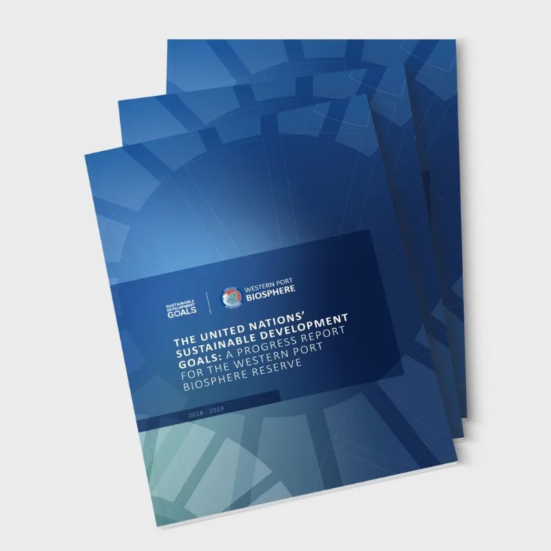 Blue Western Port Biosphere report covers with geometric shapes and the United Nations Sustainable Development Goals title.