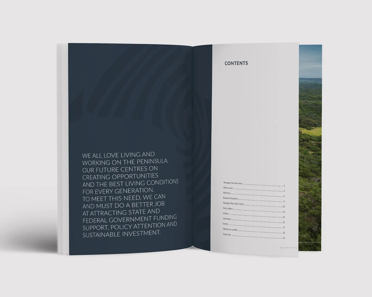 Committee for Mornington Peninsula annual report contents spread, with a dark introductory page and a clear contents list.