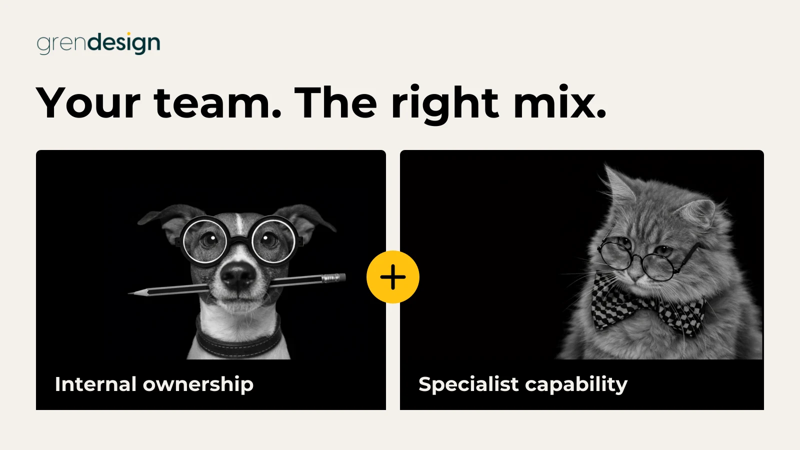 Grendesign’s dog and cat illustrate internal marketing ownership combined with specialist capability.