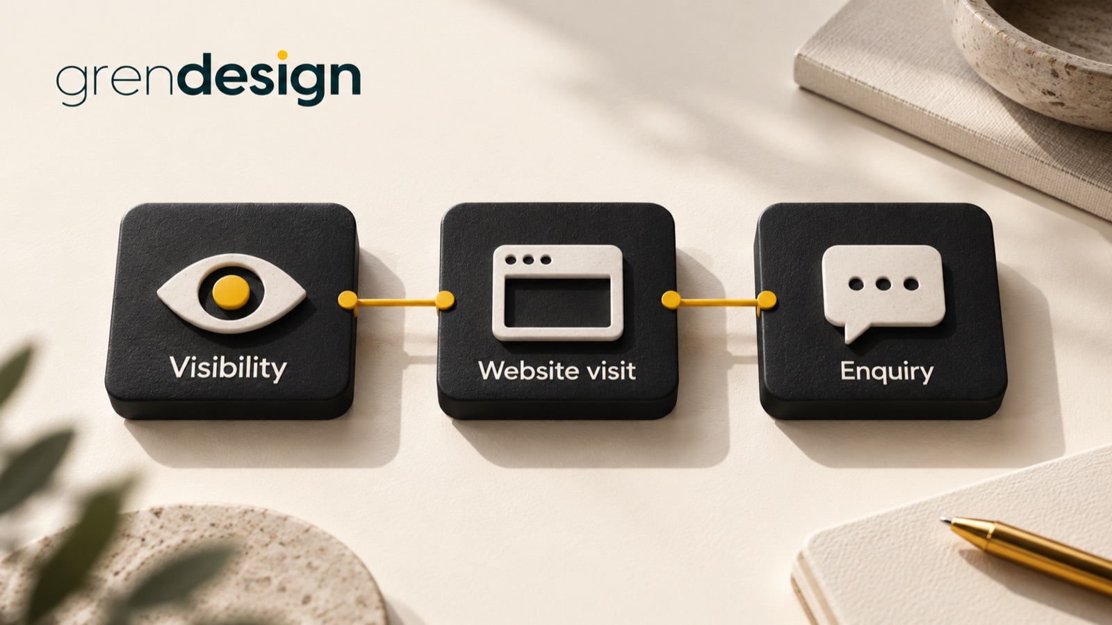 Three cards labelled Visibility, Website visit and Enquiry connected by yellow links.