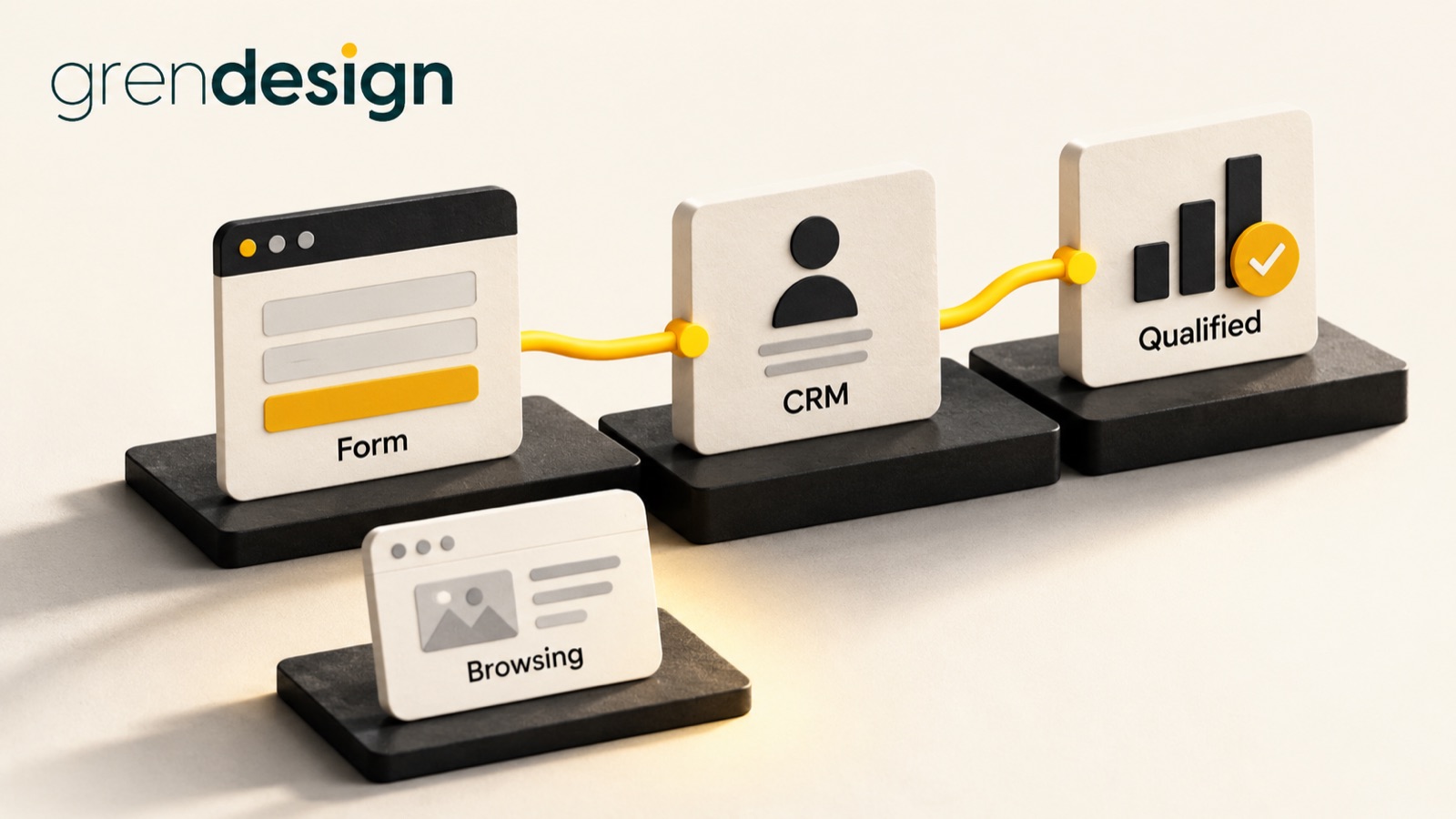 An enquiry form connected to CRM and qualification cards, with browsing shown separately.