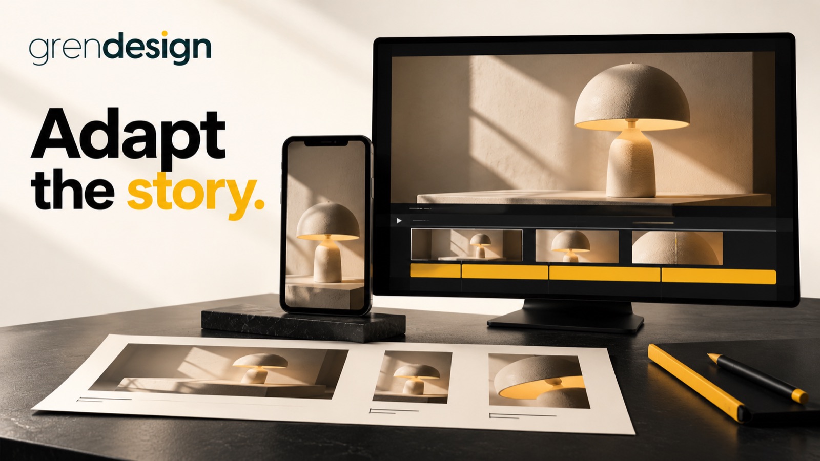 A ceramic lamp demonstration adapted for a desktop video, portrait phone frame and storyboard.