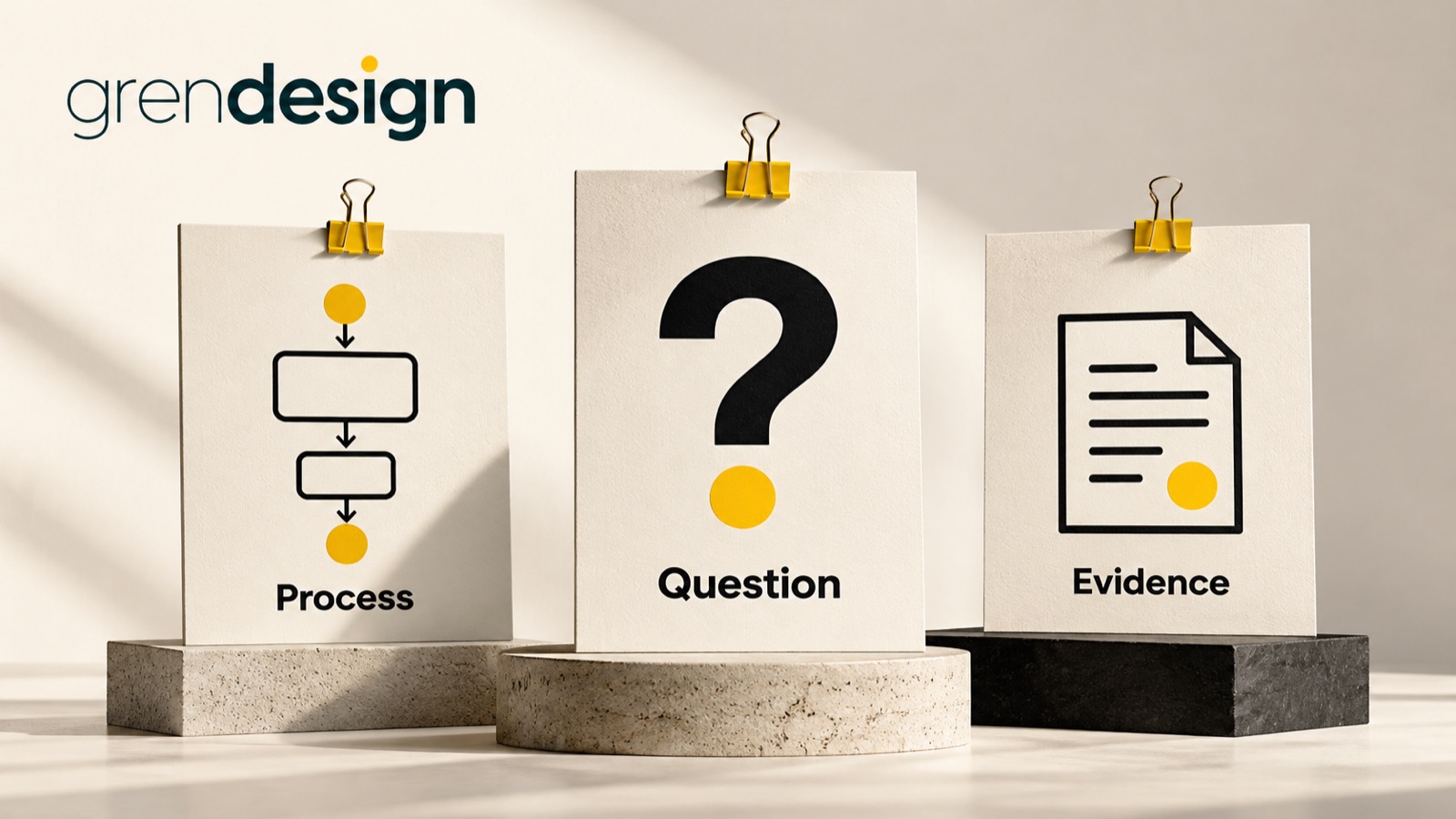 Three advertising concept boards labelled Process, Question and Evidence.