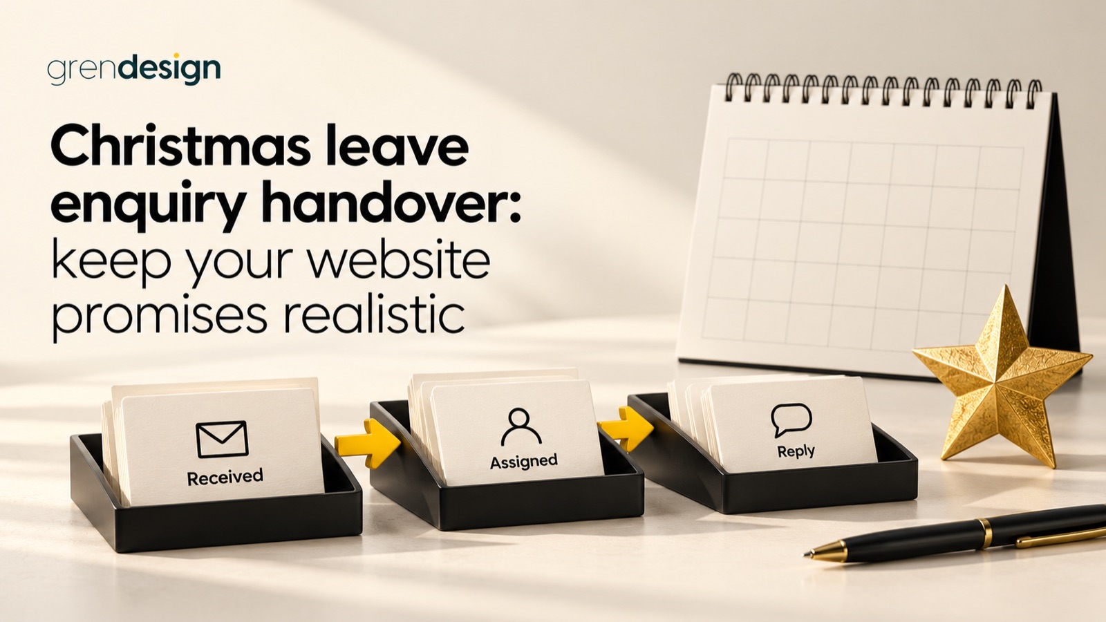 A blank holiday calendar beside enquiry trays labelled Received, Assigned and Reply.