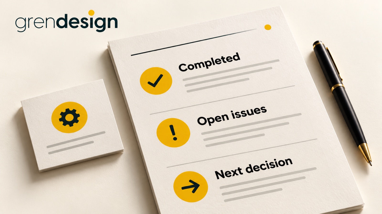 A maintenance report organised into Completed, Open issues and Next decision sections.