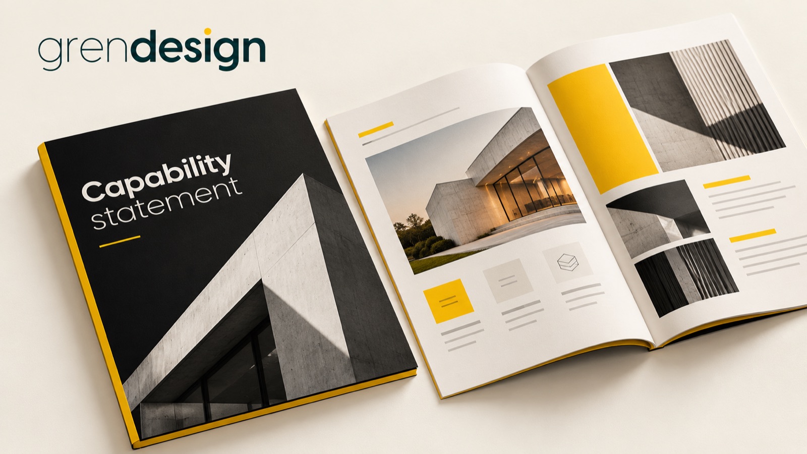 A premium capability statement with architectural imagery and organised information cards.
