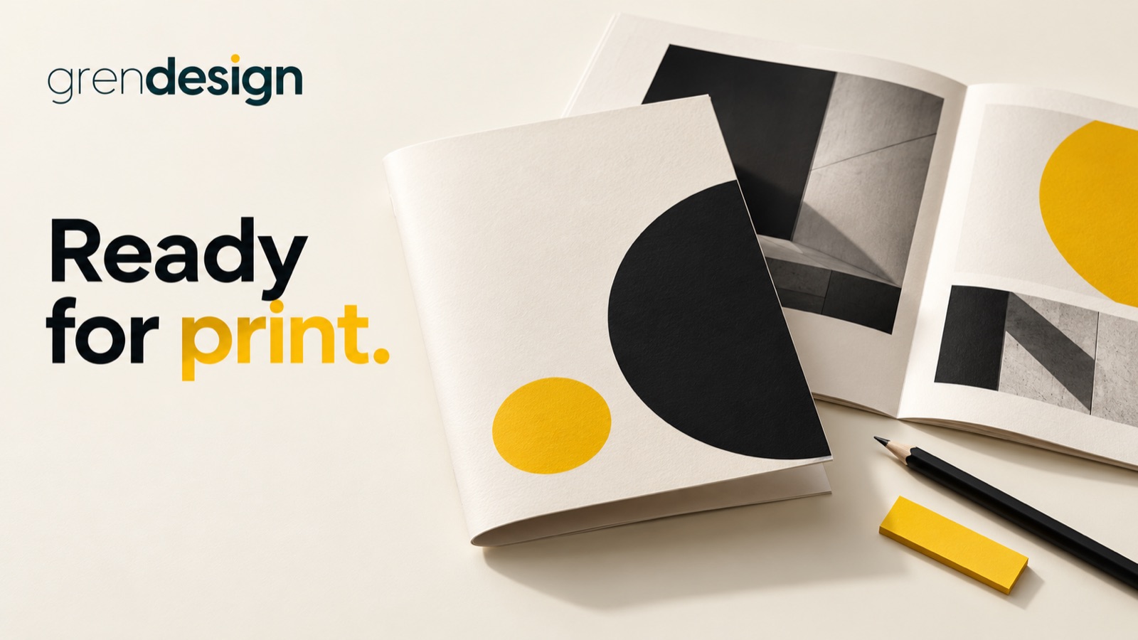 Printed brochure samples and a folded cream sheet with black and yellow accents.