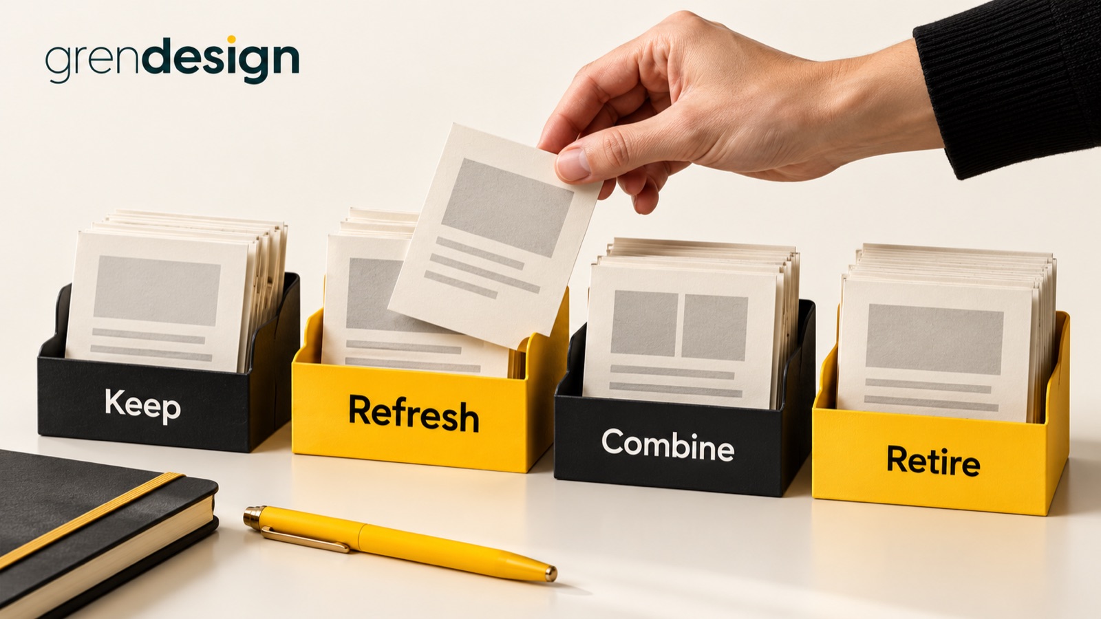 Content review trays labelled Keep, Refresh, Combine and Retire.