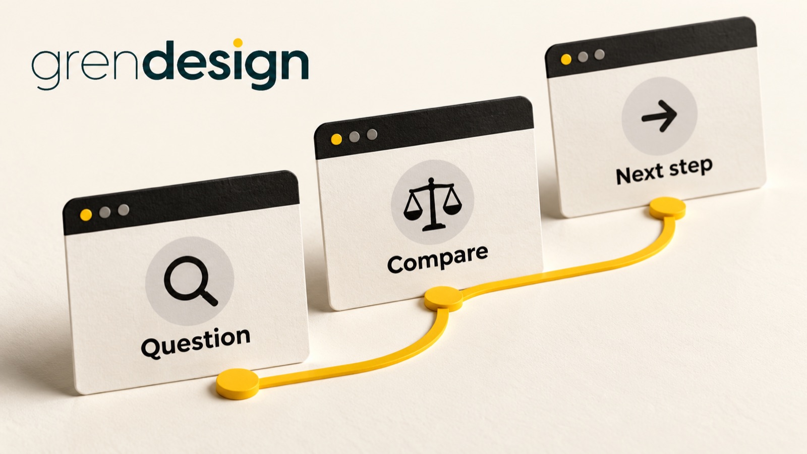 Three browser cards connected in sequence: Question, Compare and Next step.