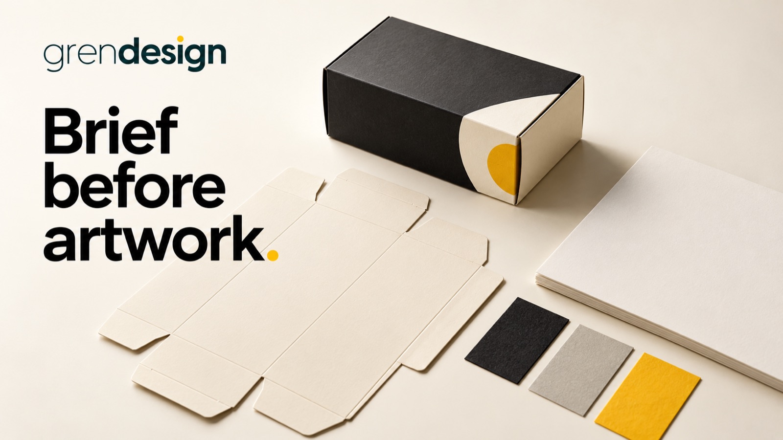 A black and cream package beside a flat carton template and material colour swatches.