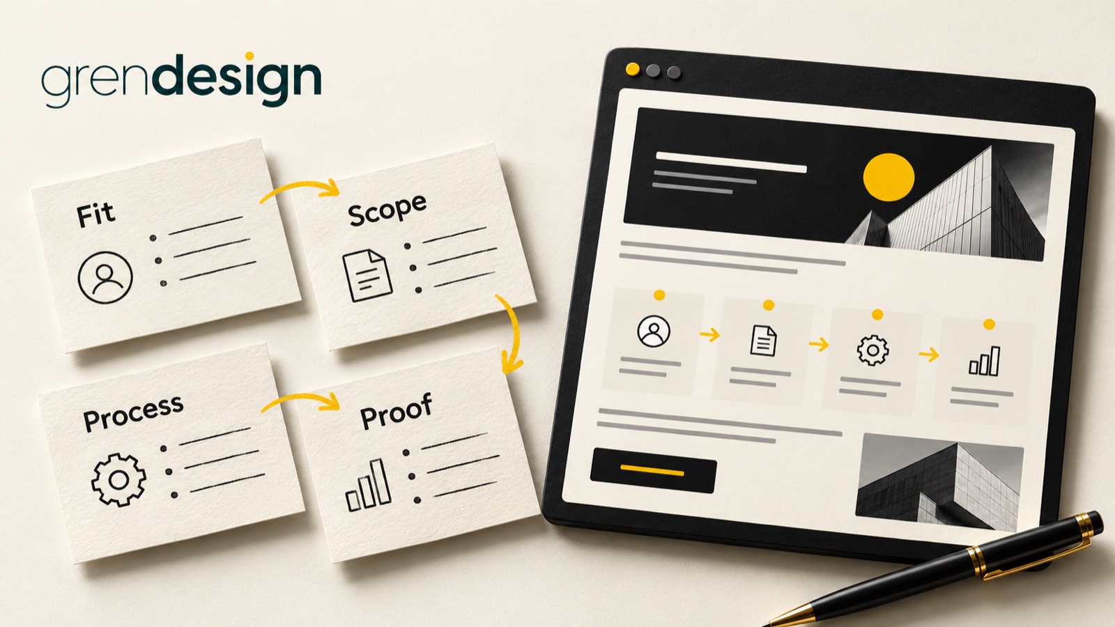 Cards labelled Fit, Scope, Process and Proof beside a service page layout.