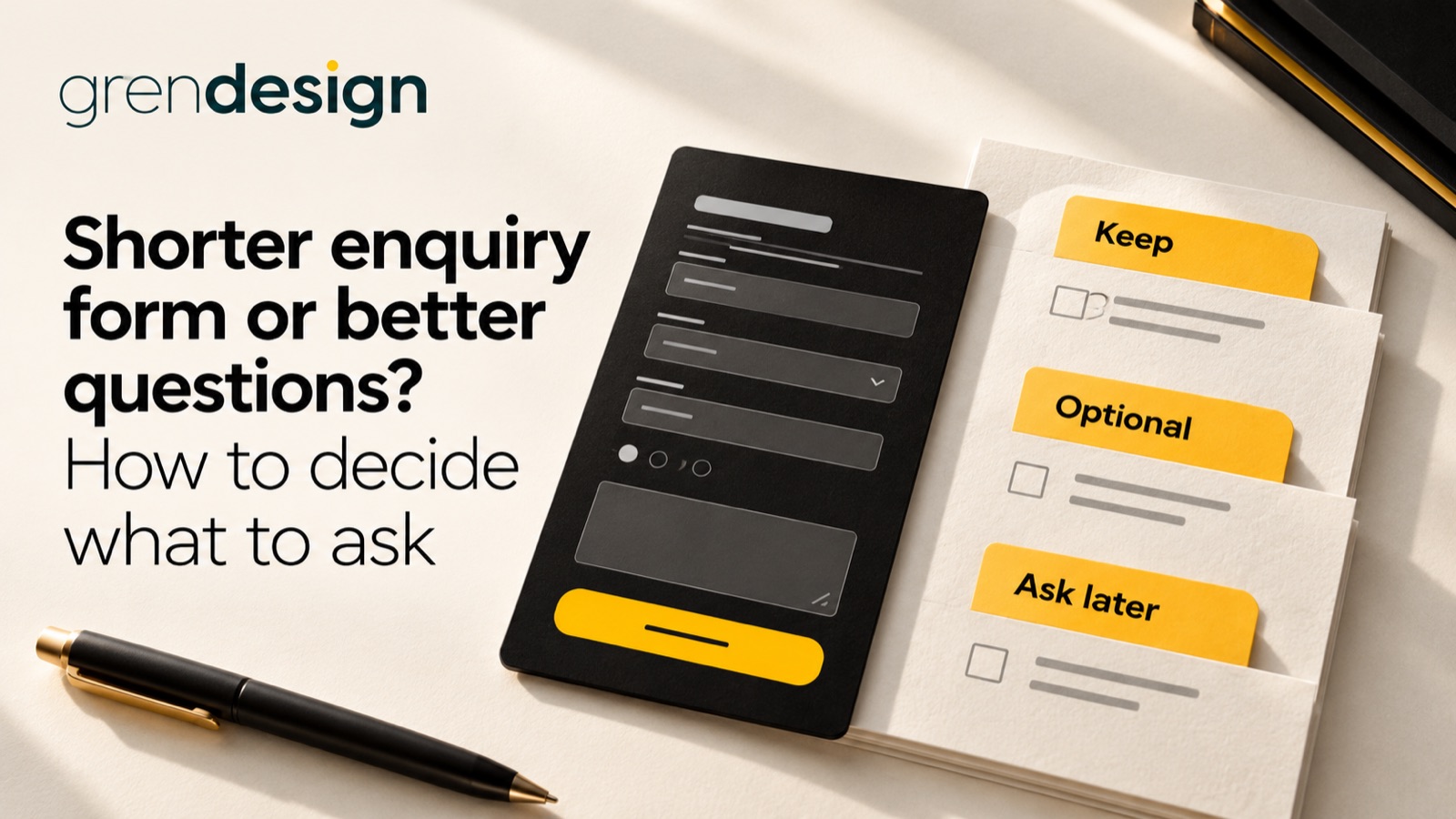 An enquiry form beside question cards labelled Keep, Optional and Ask later.