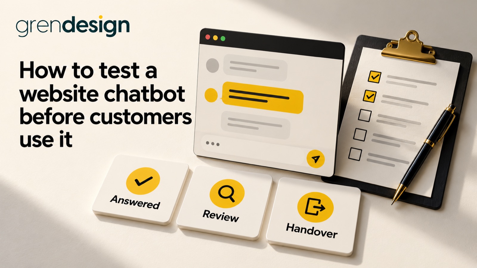 A chatbot window and testing checklist beside cards labelled Answered, Review and Handover.