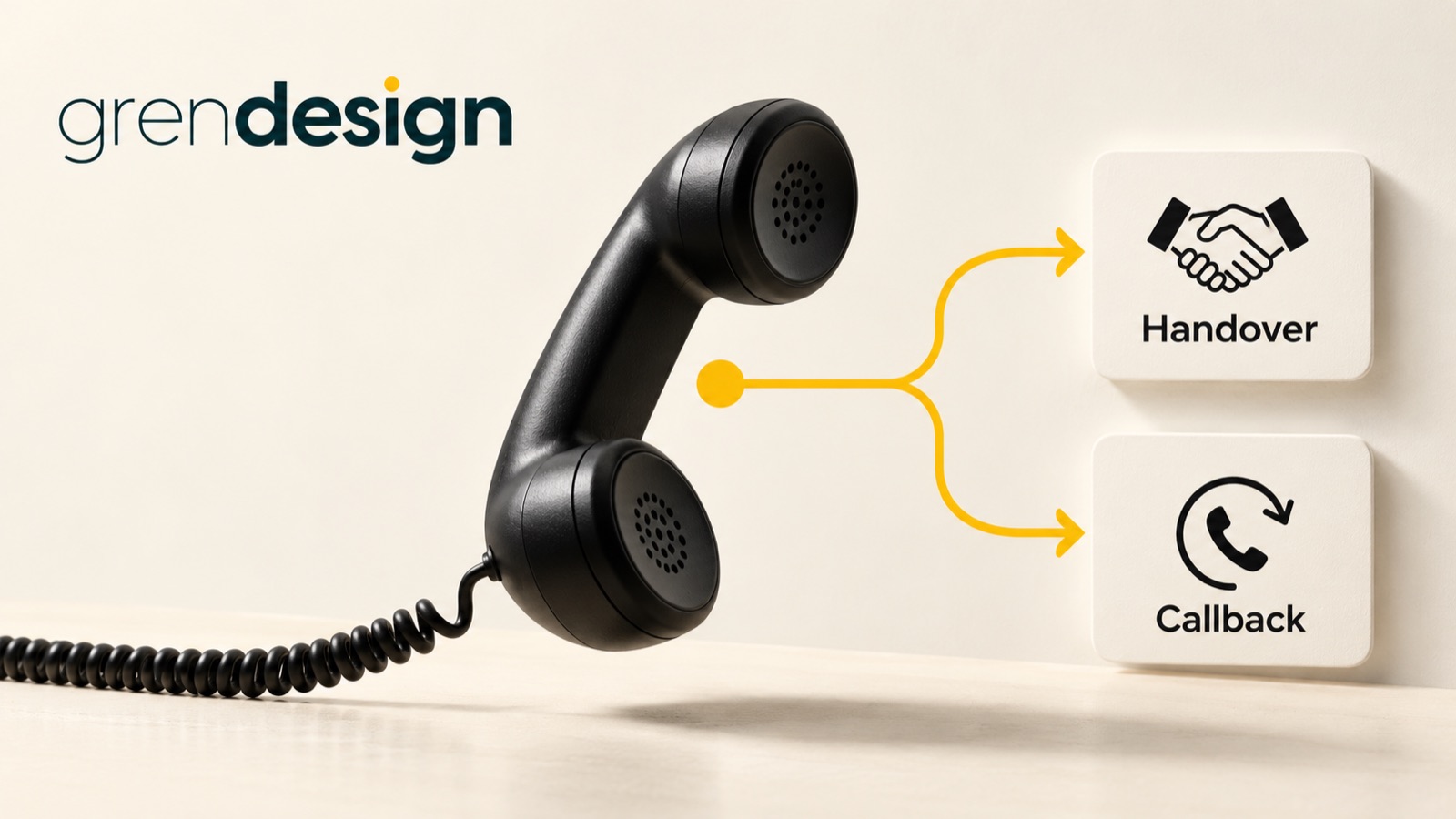 A black telephone receiver connected to Handover and Callback cards.