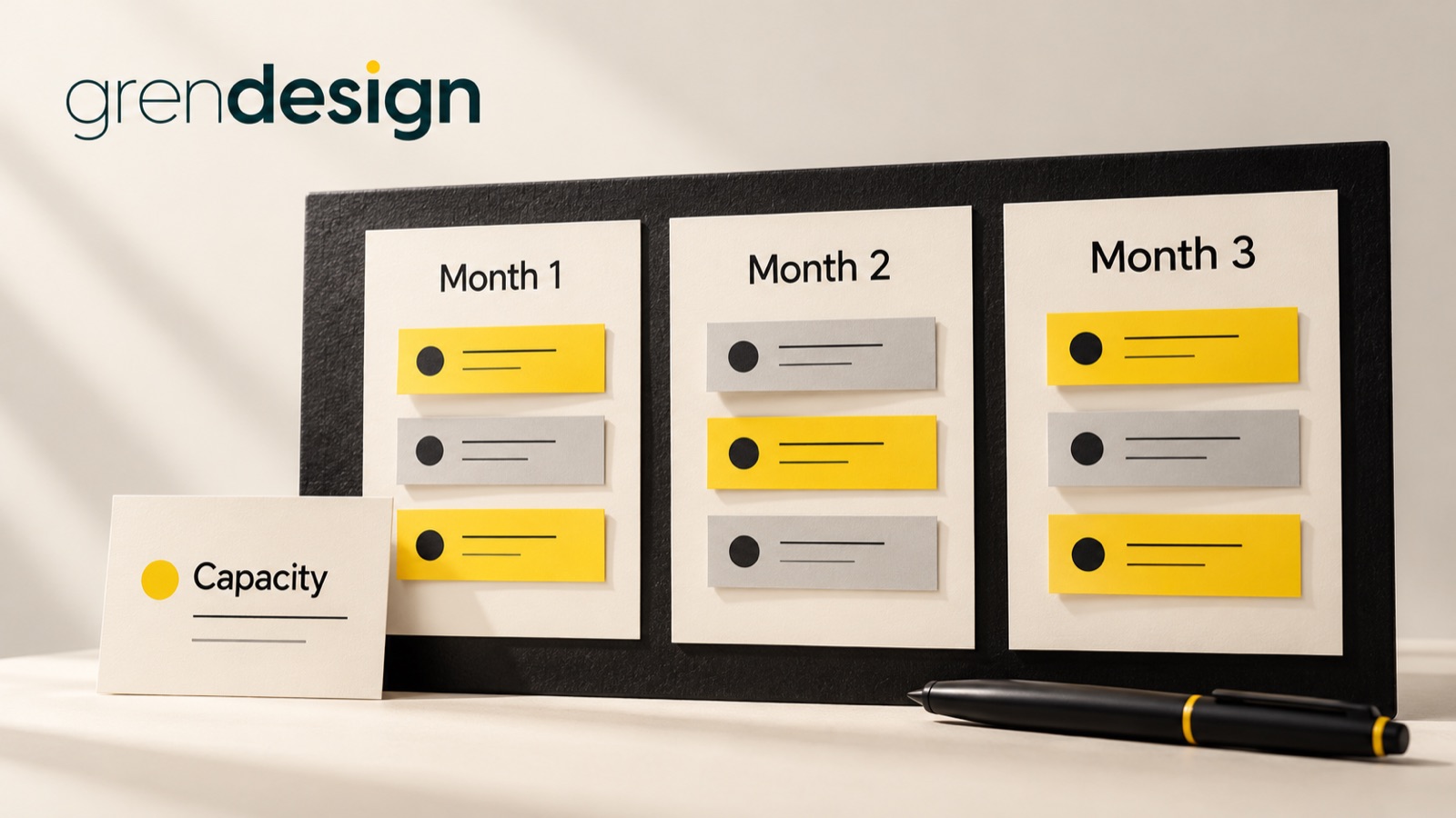 A quarterly planning board with Month 1, Month 2 and Month 3 columns beside a Capacity card.