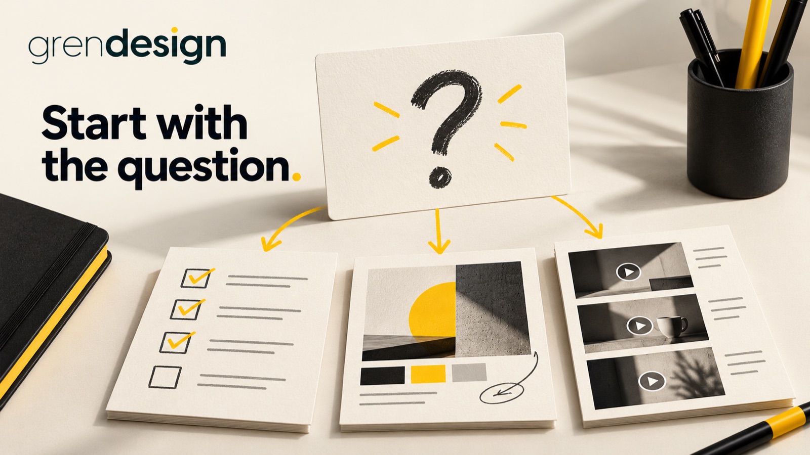 A customer question connected to a checklist, annotated design and video content cards.