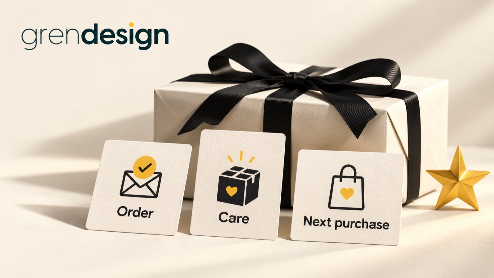 A cream parcel with black ribbon beside Order, Care and Next purchase cards and a yellow star.