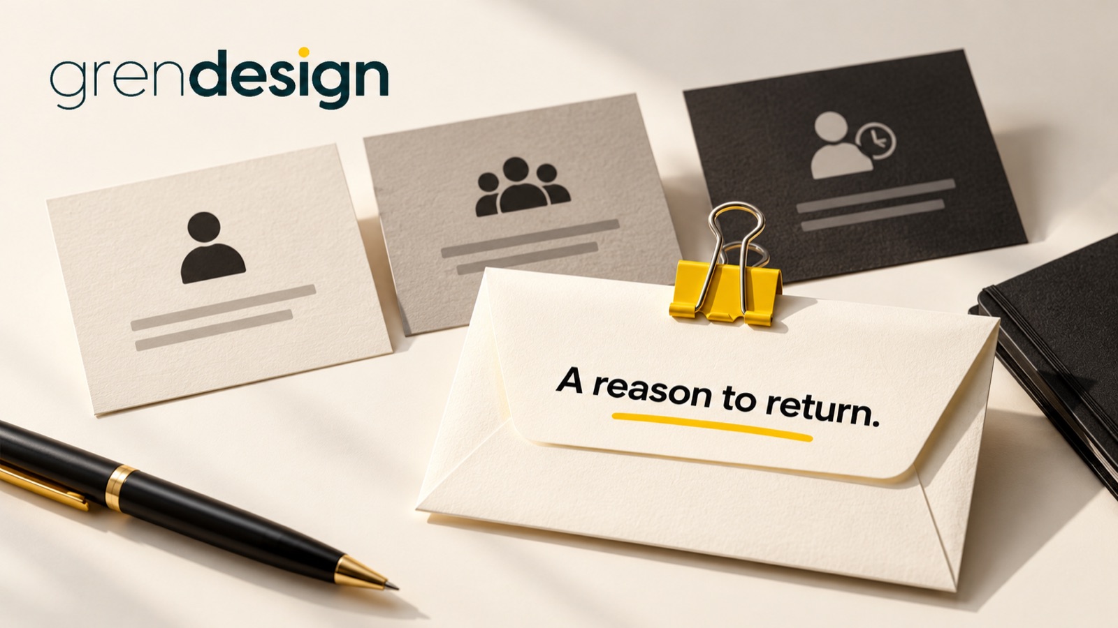An envelope labelled A reason to return beside three customer group cards.
