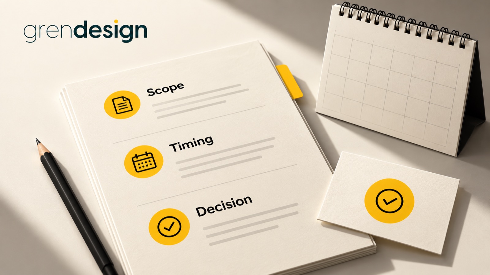 A renewal planning document with Scope, Timing and Decision sections beside a blank calendar.
