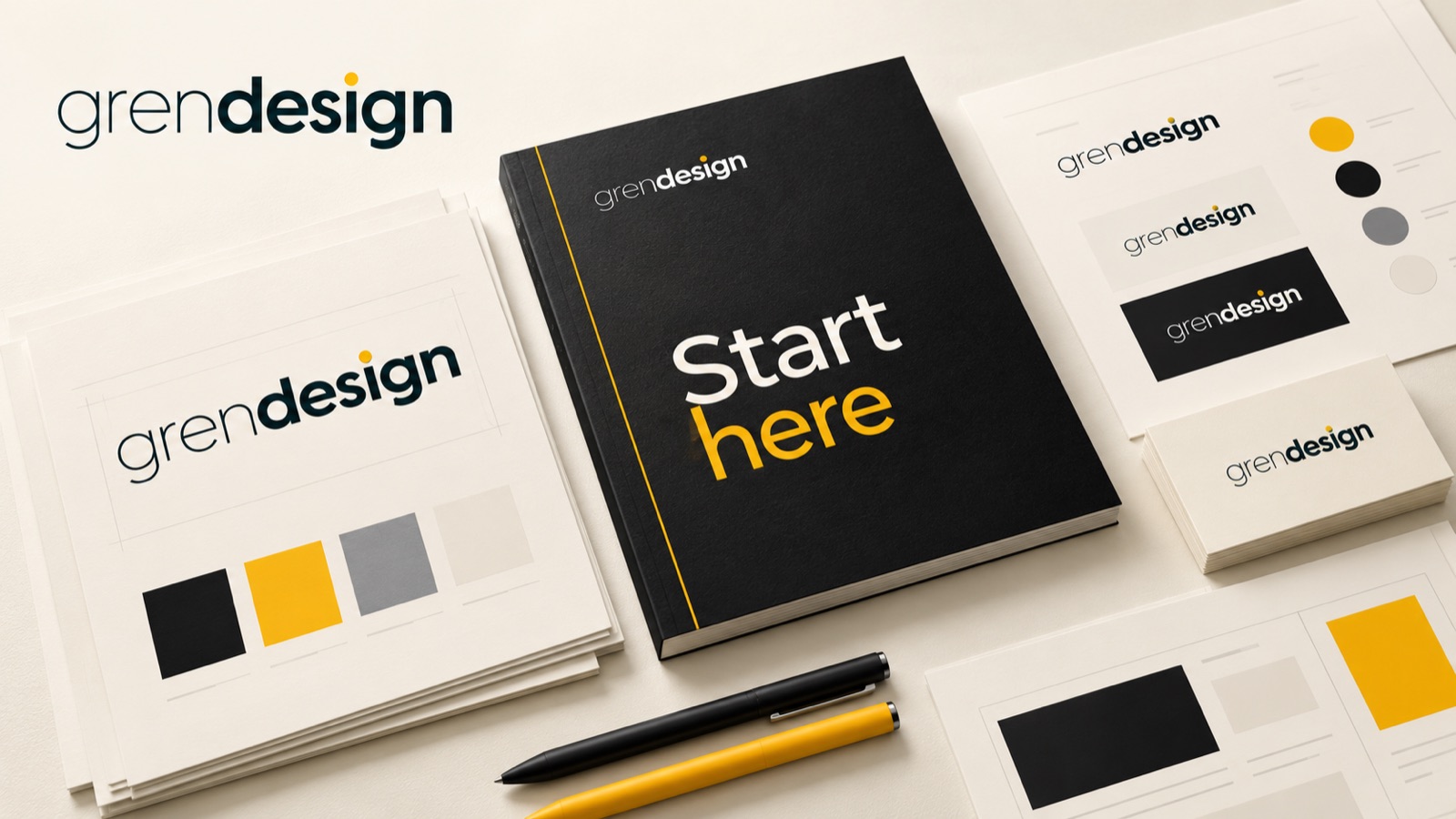 A Grendesign brand handover kit with a Start here guide, logo sheets, colour swatches and cards.