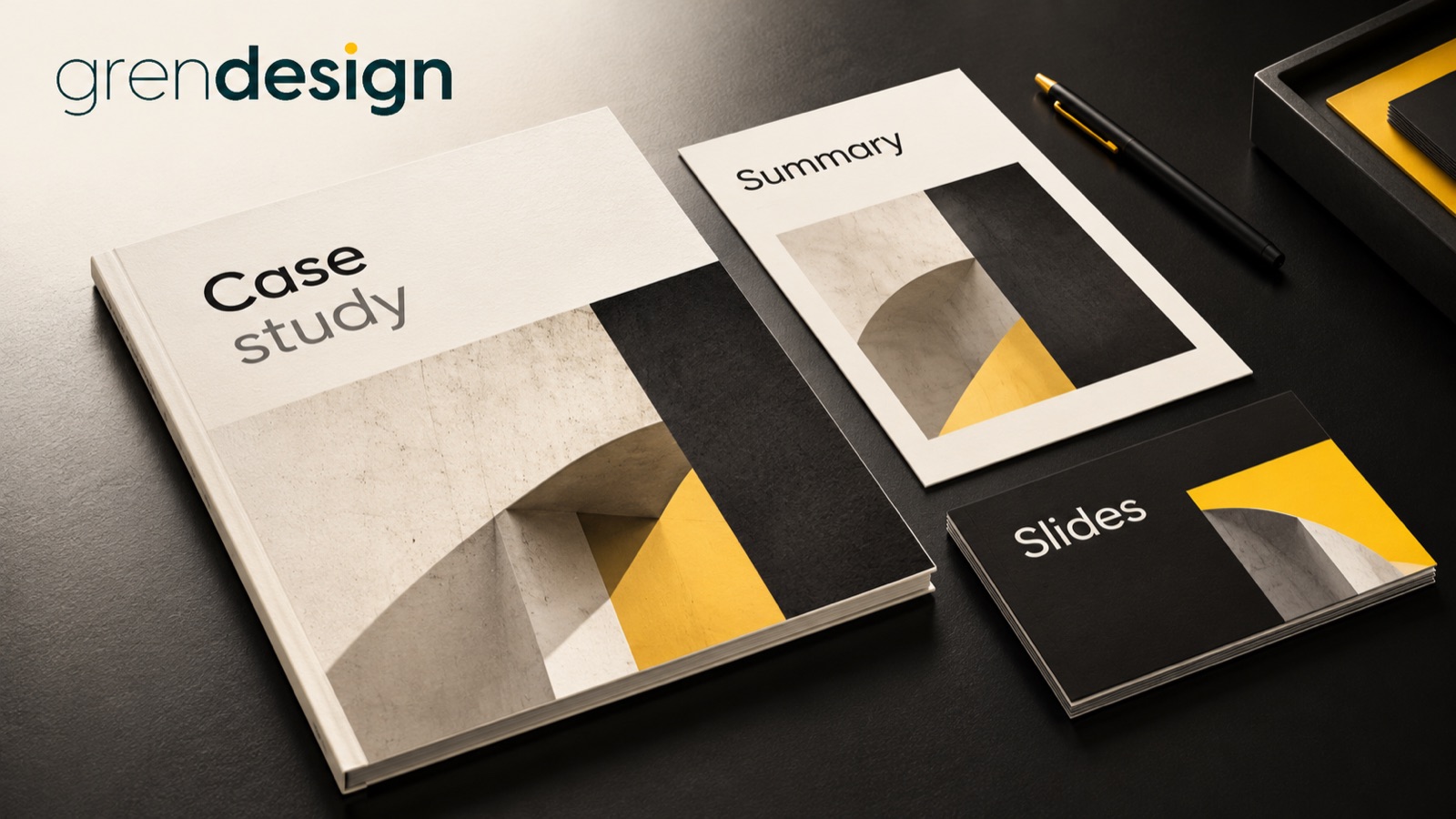 A coordinated case study booklet, summary sheet and slide cards in black, cream and yellow.