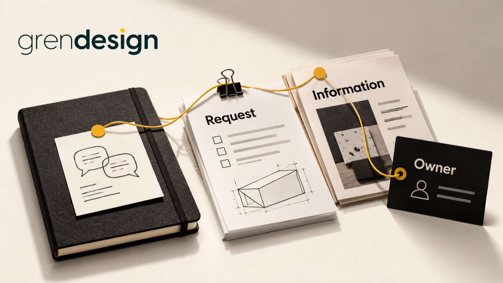 Exhibition conversation notes connected to Request, Information and Owner cards.