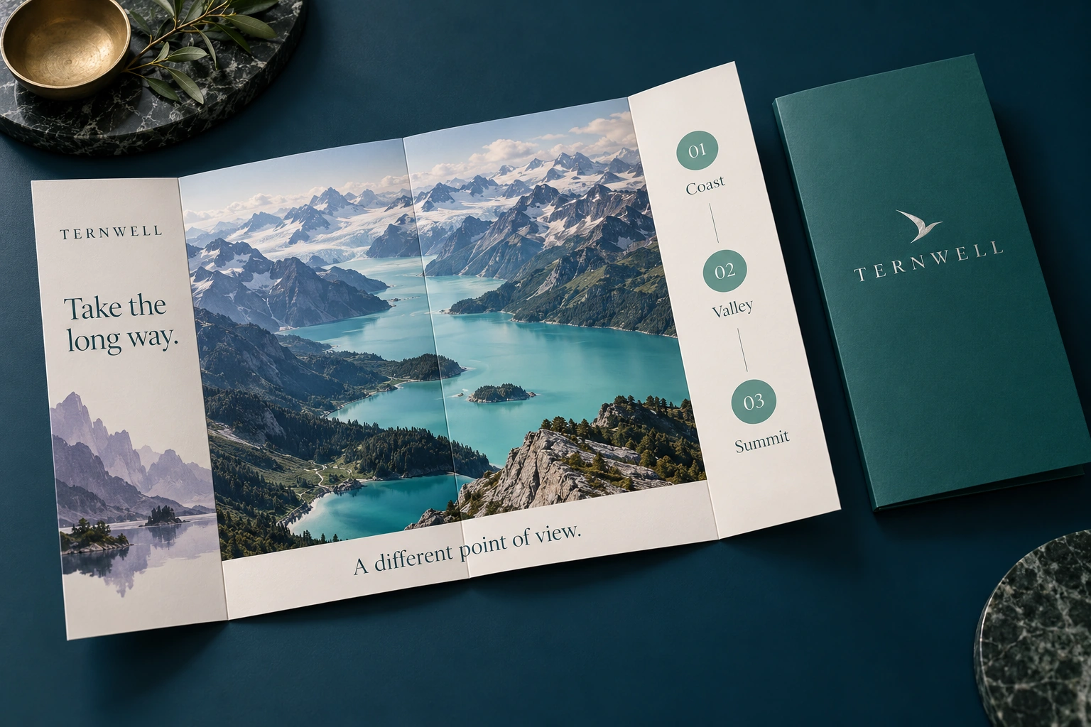 Ternwell journeys gatefold brochure design presentation