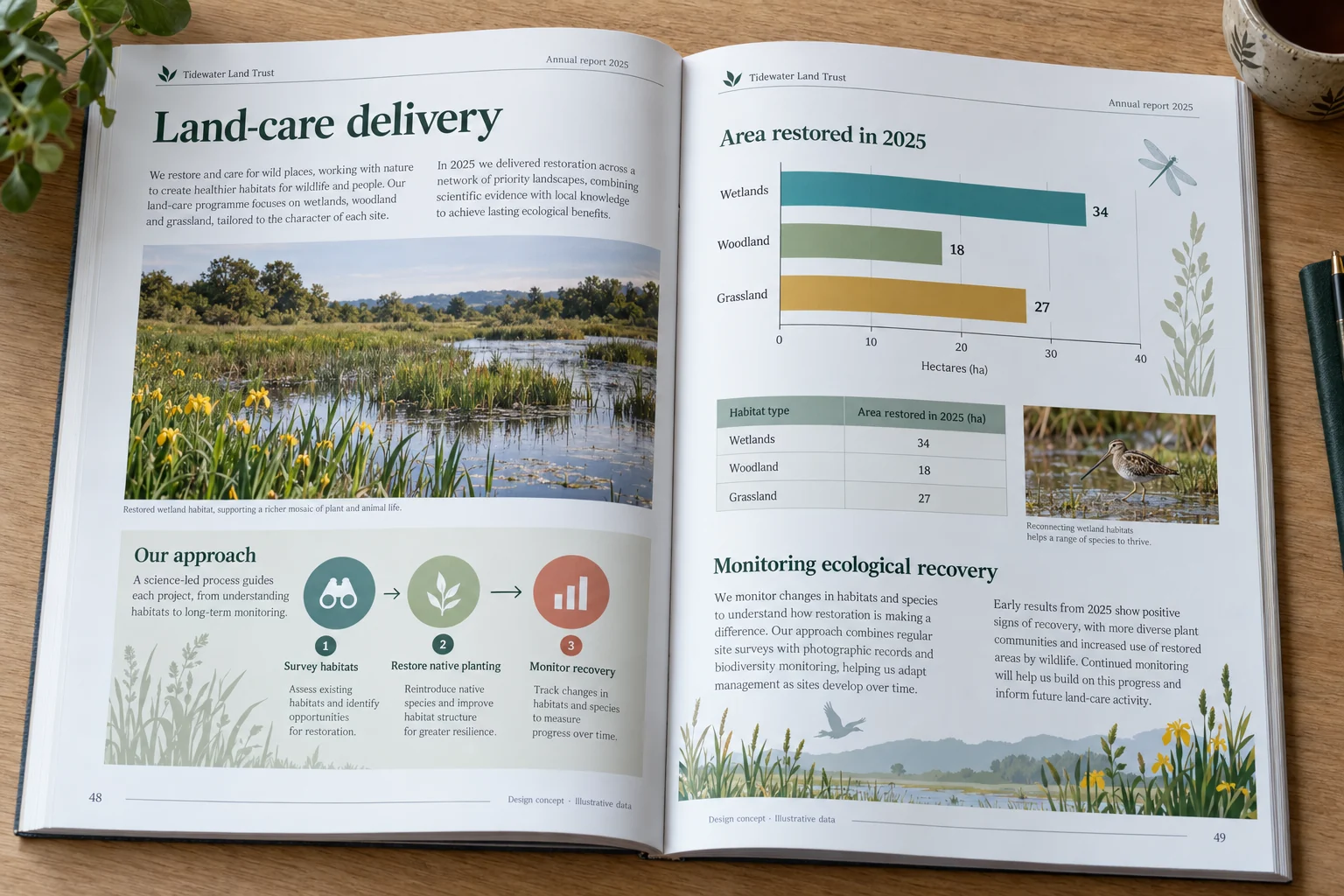 Tidewater Land Trust · land-care delivery report concept — fictional design concept; sample content and figures are illustrative
