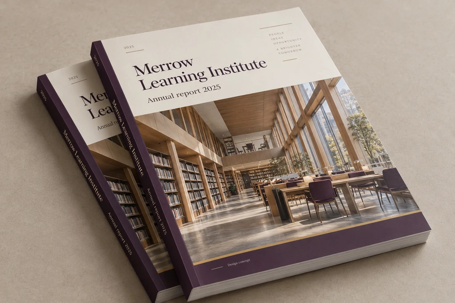 Merrow Learning Institute · cover and spine report concept — fictional design concept; sample content and figures are illustrative
