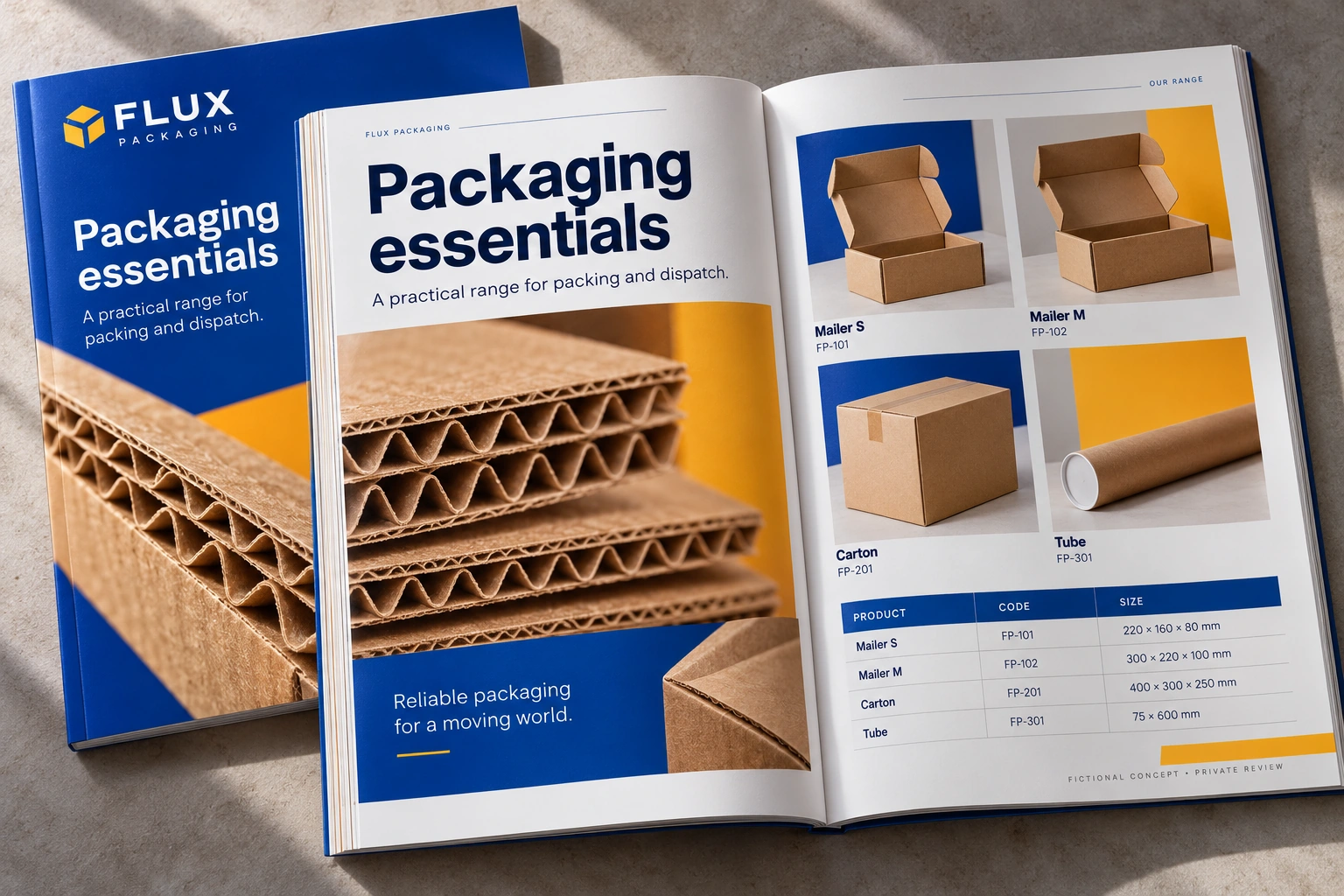 Flux Packaging · packaging essentials catalogue concept — fictional concept design for private review