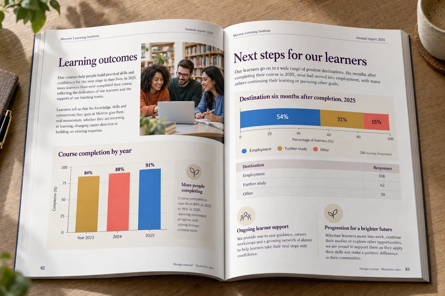 Merrow Learning Institute · learning outcomes report concept — fictional design concept; sample content and figures are illustrative
