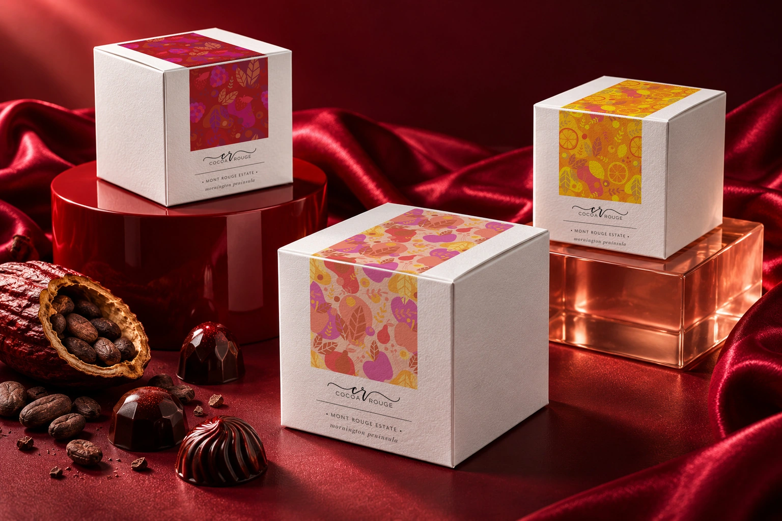 Cocoa rouge satin cubes design presentation