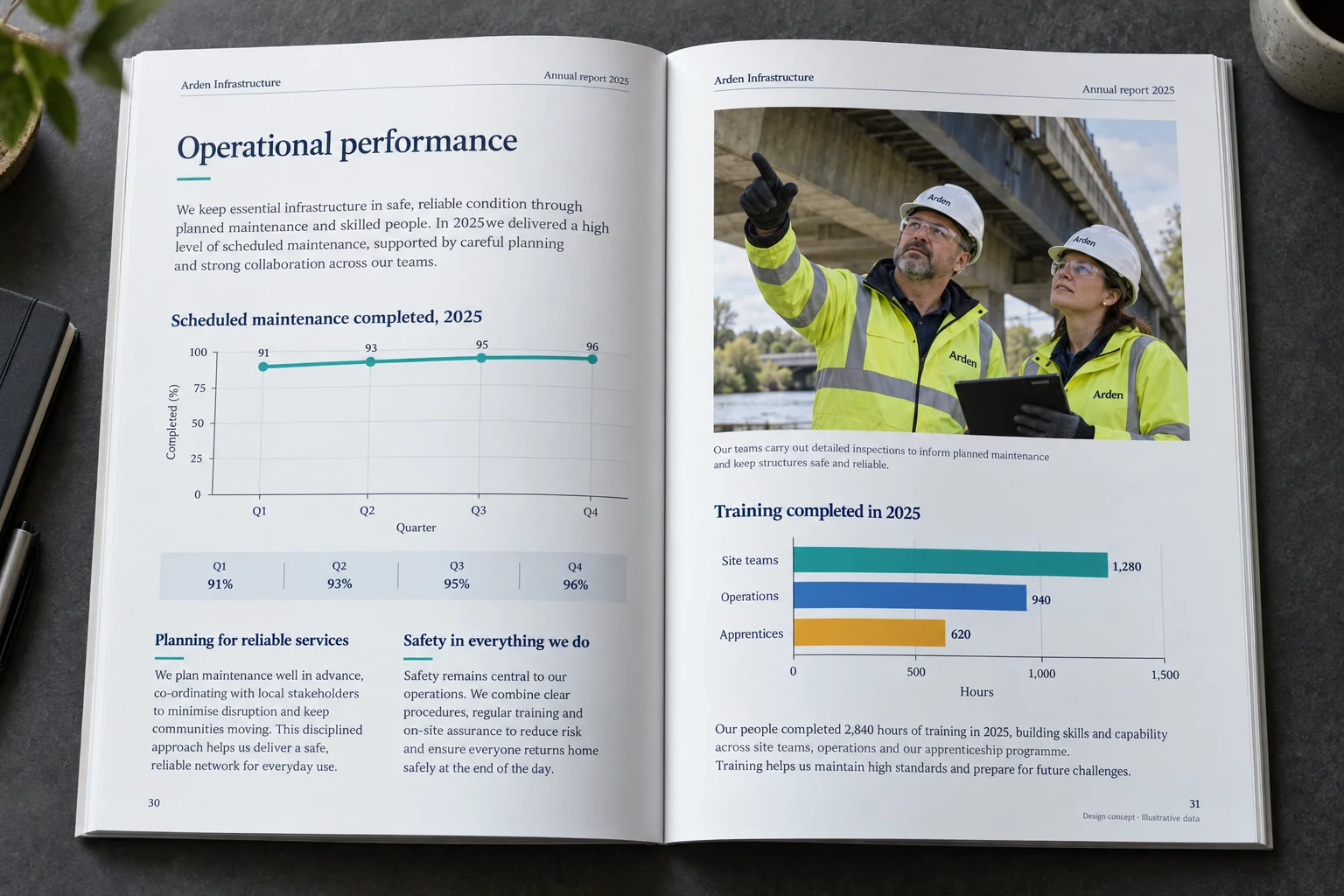 Arden Infrastructure · operational performance report concept — fictional design concept; sample content and figures are illustrative