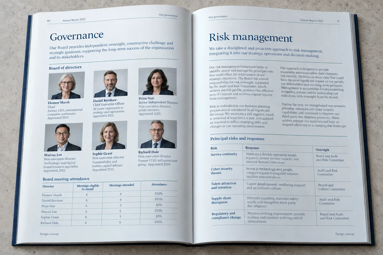 Arden Infrastructure · governance and risk report concept — fictional design concept; sample content and figures are illustrative