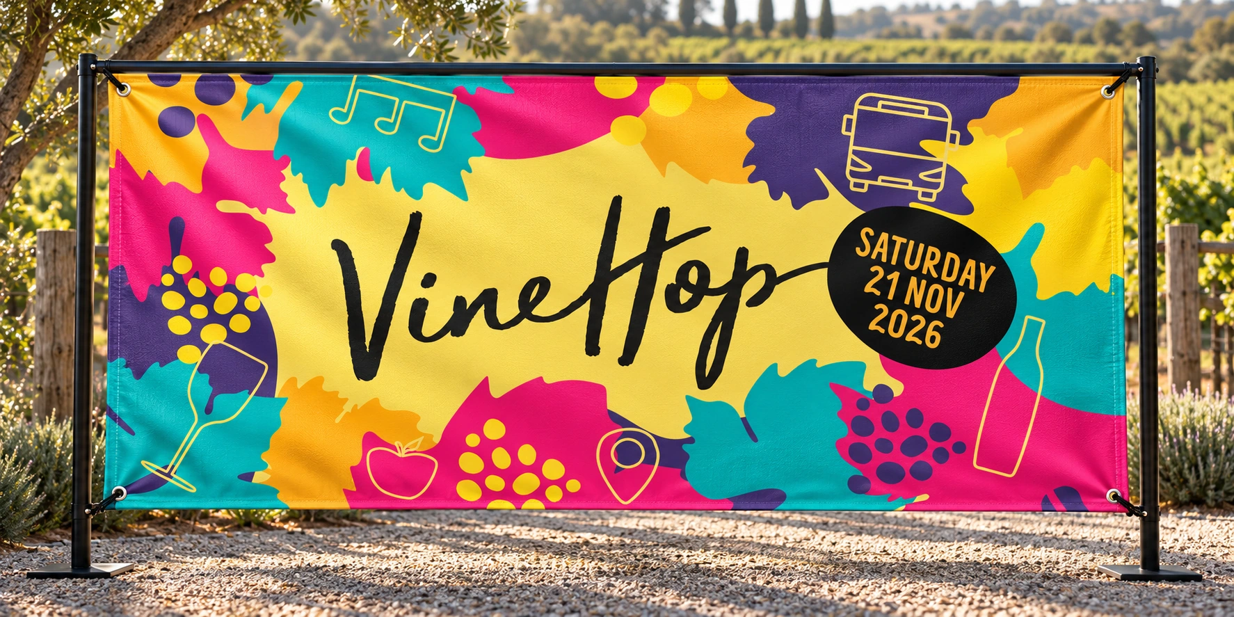 VineHop 2026 · woven event banner mockup — real vinehop artwork · physical mockup