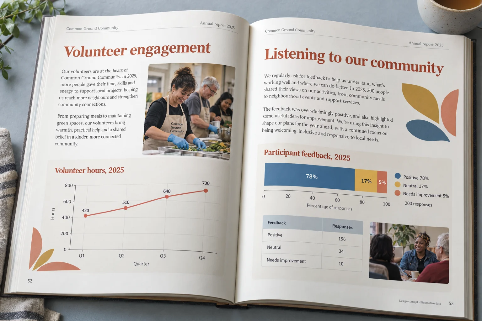 Common Ground Community · volunteer engagement report concept — fictional design concept; sample content and figures are illustrative