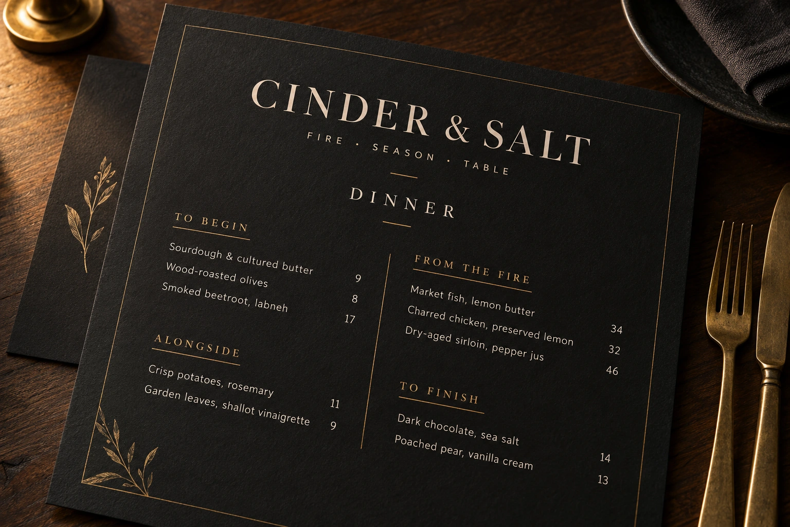 Cinder & Salt · dinner menu concept — fictional design concept
