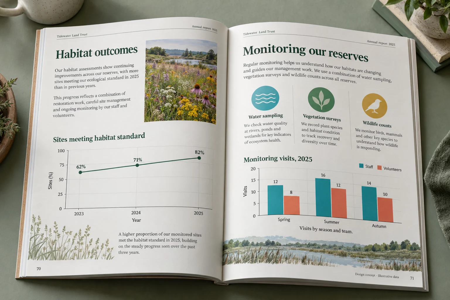 Tidewater Land Trust · habitat outcomes report concept — fictional design concept; sample content and figures are illustrative