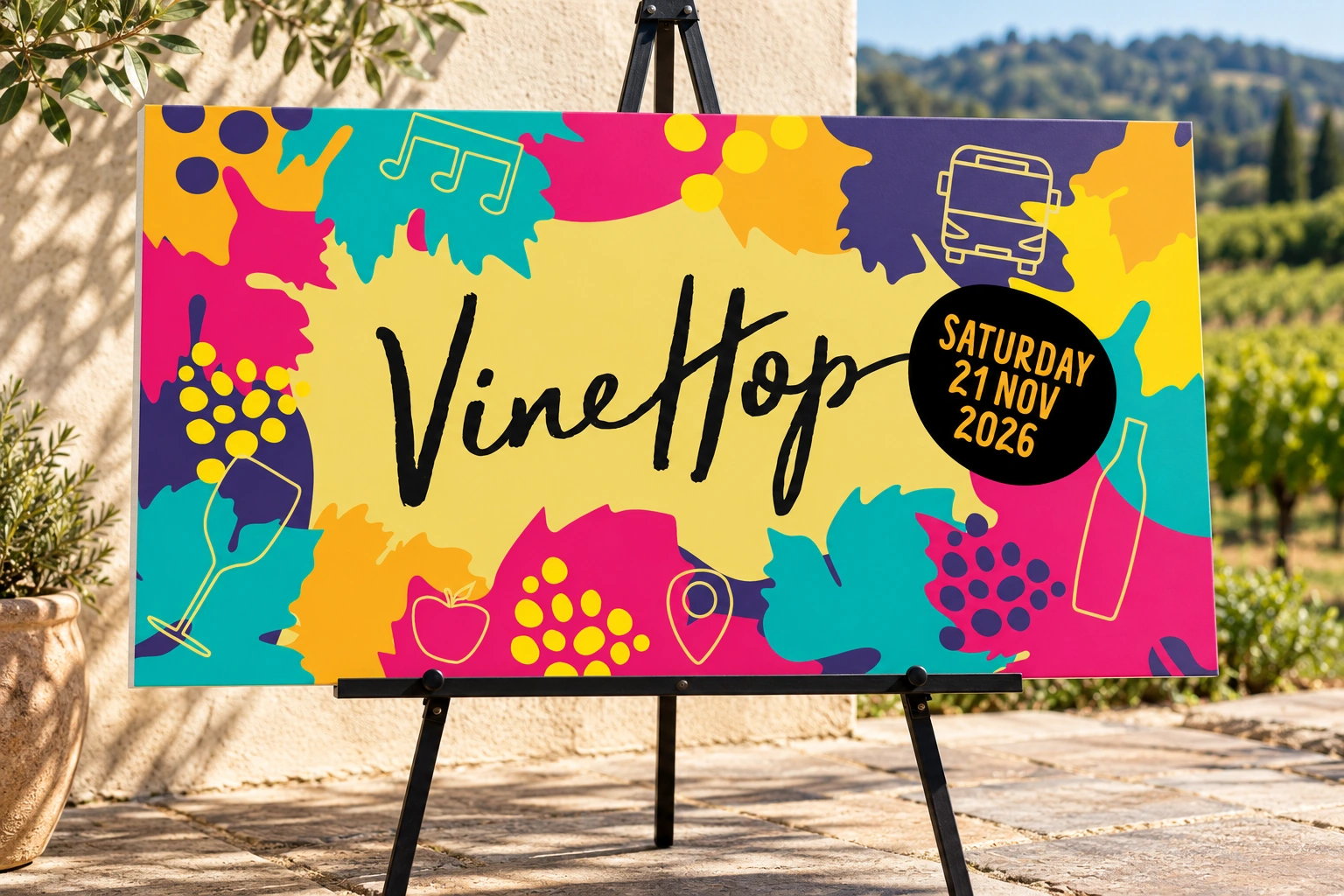 VineHop 2026 · winery welcome sign mockup — real vinehop artwork · physical mockup