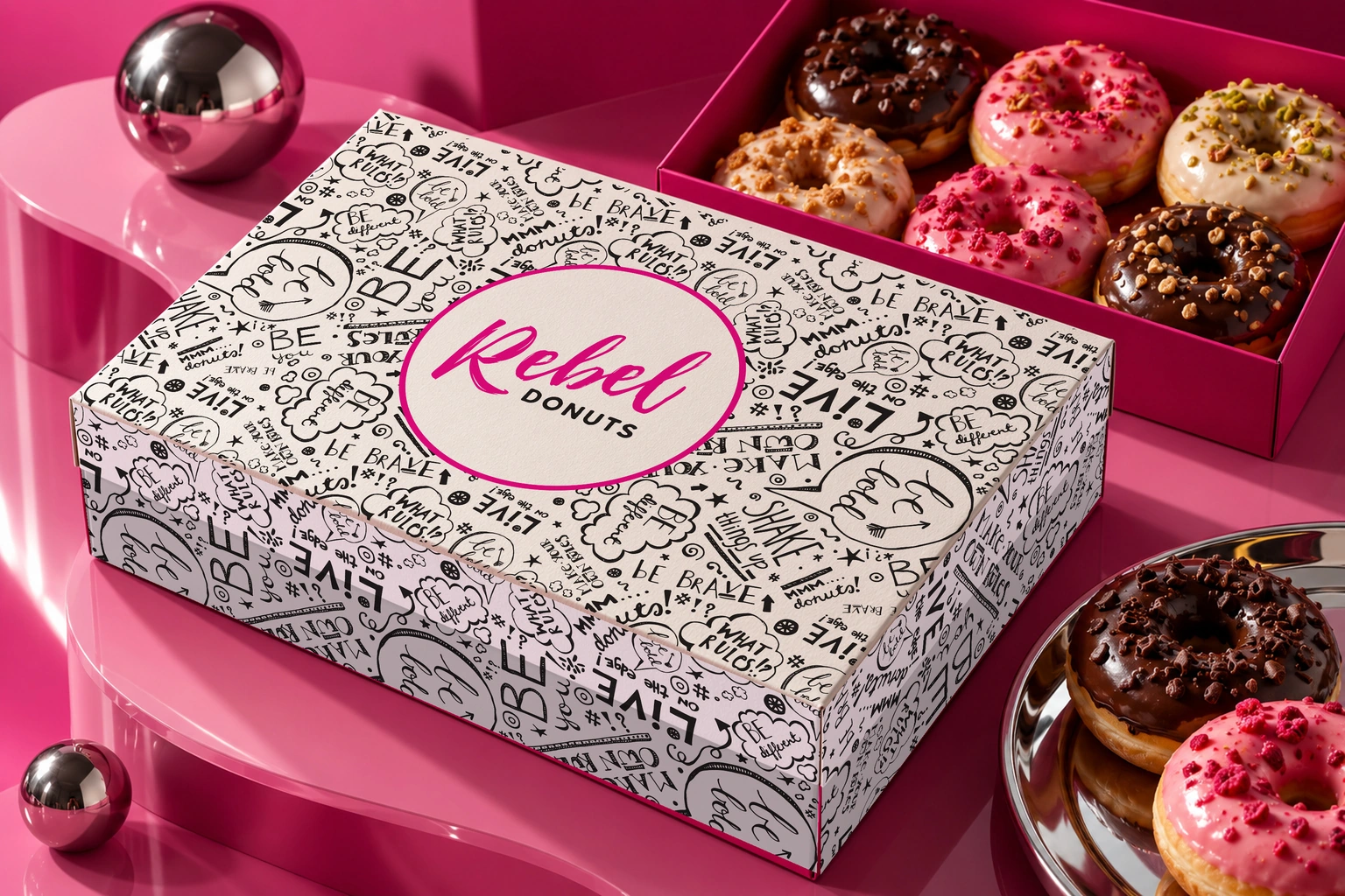 Rebel donuts pink chrome design presentation
