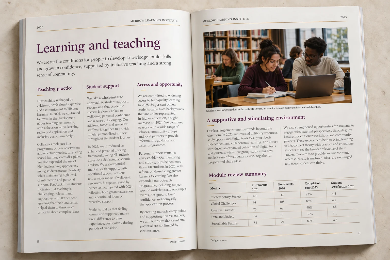 Merrow Learning Institute · learning and teaching report concept — fictional design concept; sample content and figures are illustrative