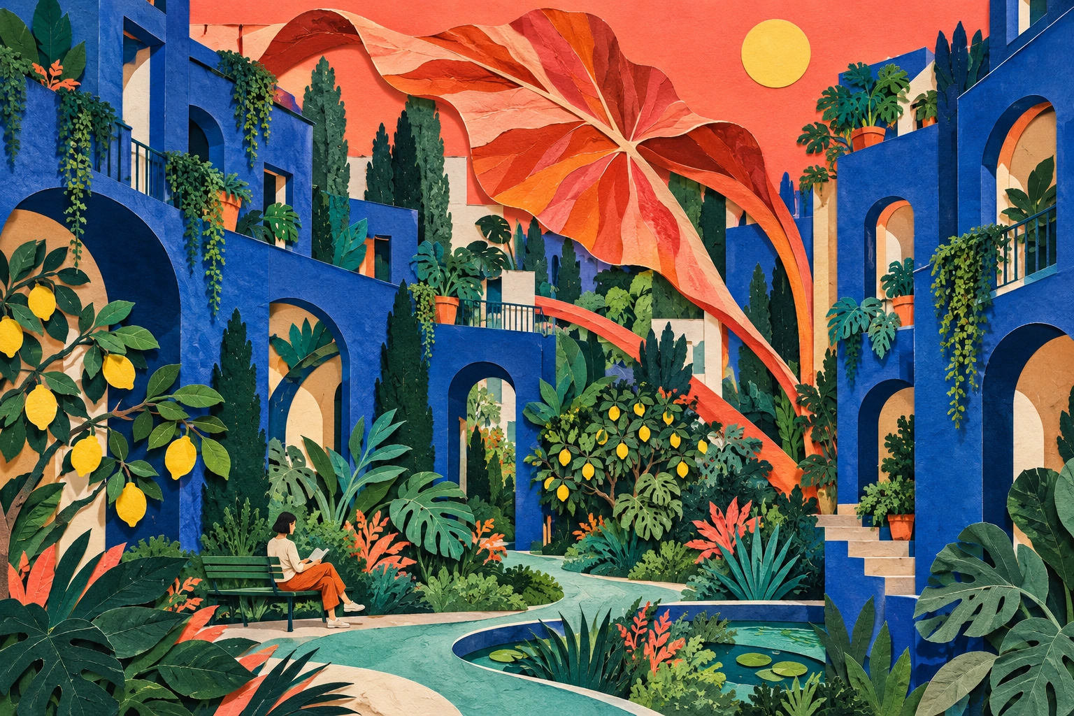 Editorial cut paper city garden design presentation
