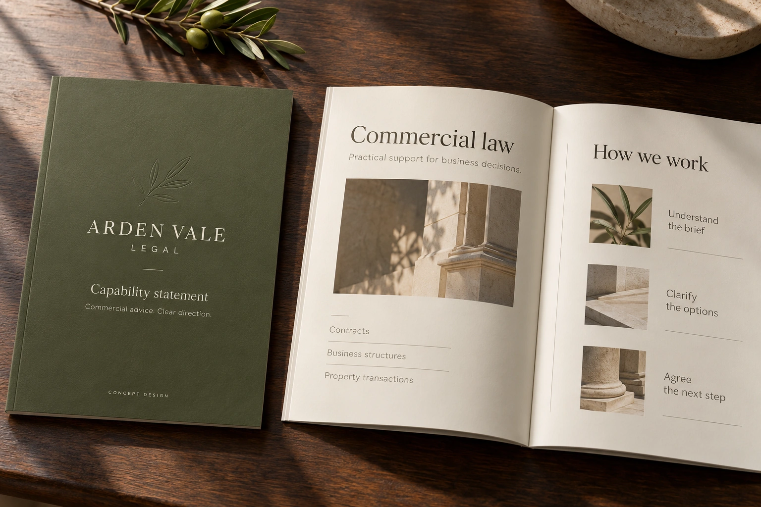 Arden Vale Legal · commercial law capability statement concept — fictional concept design for private review