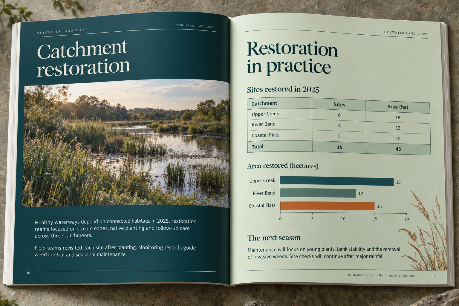 Tidewater Land Trust · catchment restoration report concept — illustrative concept with nonfinancial sample data