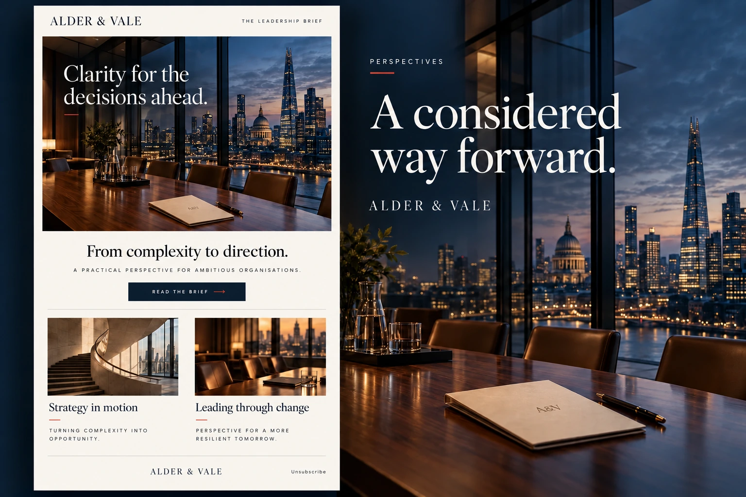 Alder and Vale advisory email concept: a leadership newsletter with practical articles and a clear invitation to read the brief